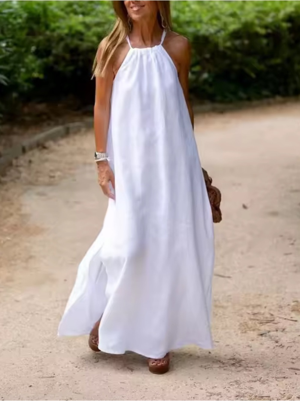 Women’s White Halter Maxi Dress - Sleeveless Summer Flow